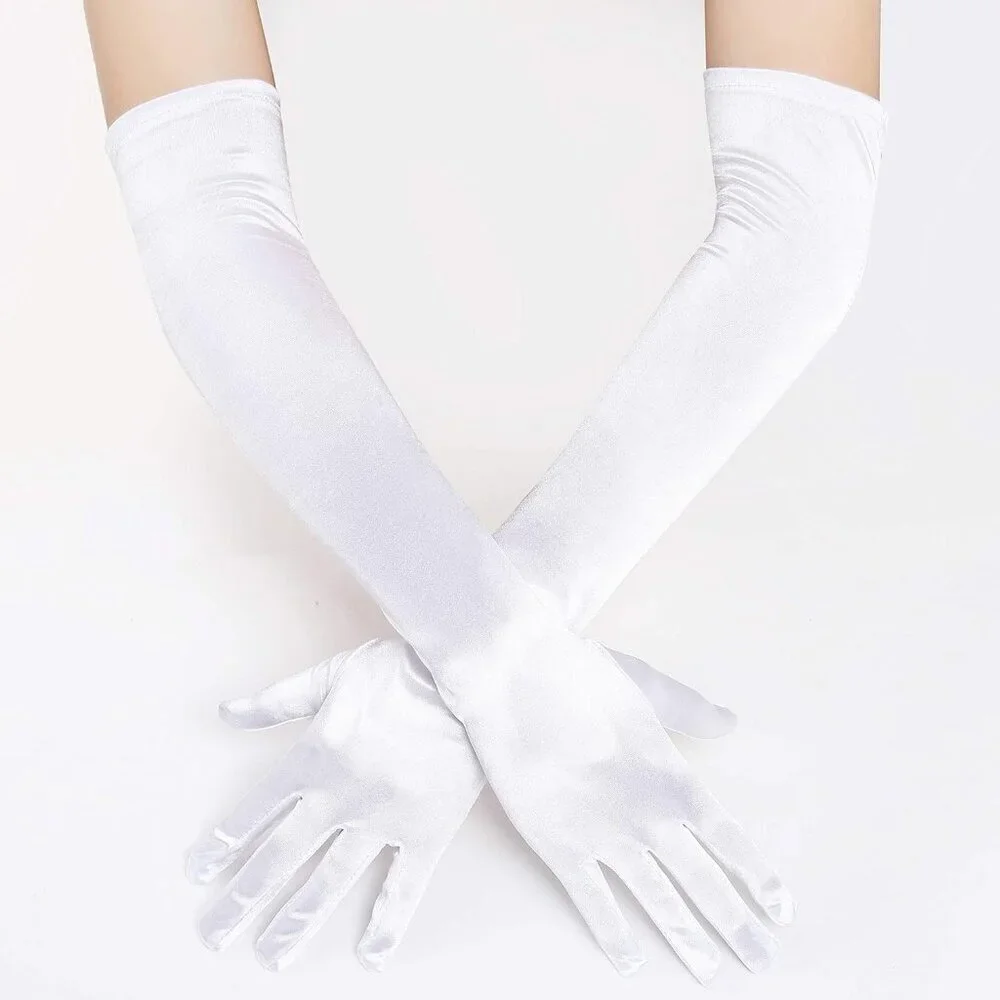 Women's Smooth White Long Satin Gloves Elbow Length Party Costume Accessory